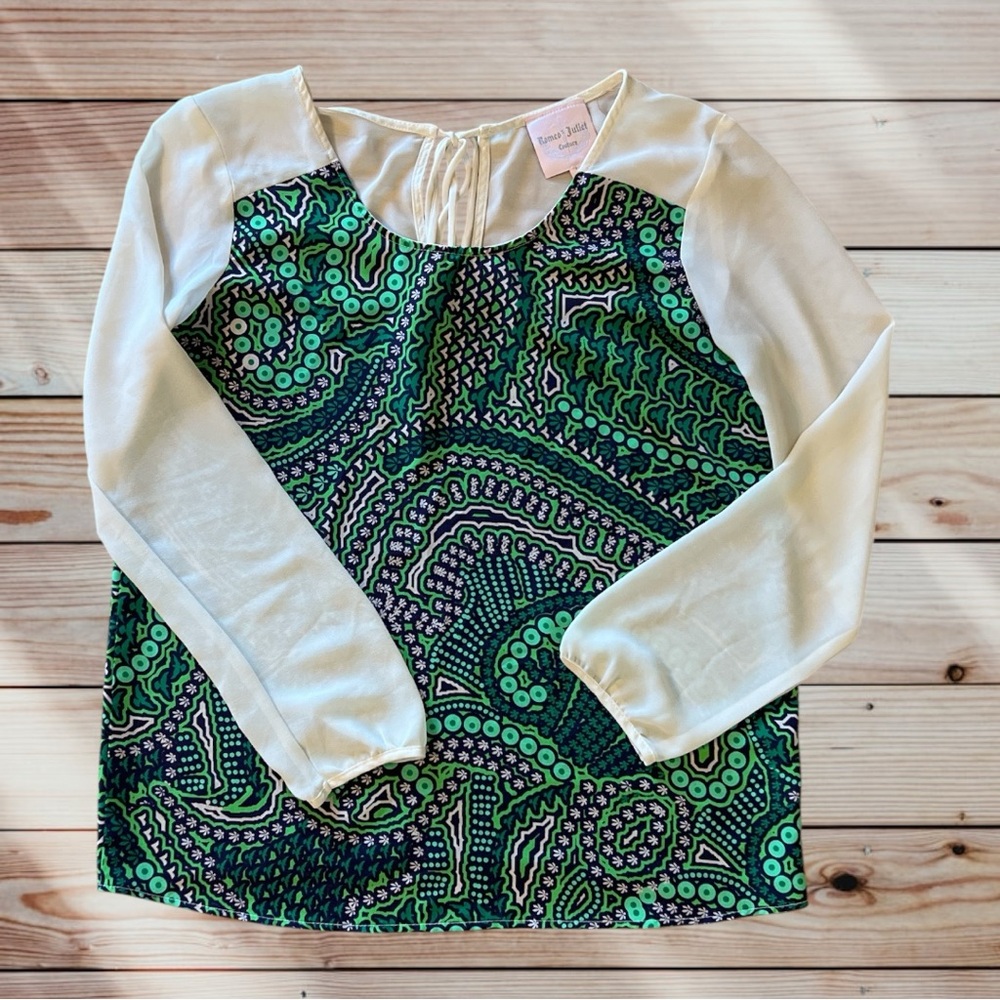 Romeo & Juliet Couture Green Blue Cream Blouse Top - Picture 3 of 11
